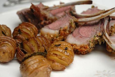 Get Herb-crusted Rack of Lamb Recipe from Cooking Channel Laura Calder, Accordion Potatoes, Accordion Potato, Crusted Rack Of Lamb, Food Network Canada, Rack Of Lamb, Holiday Meals, Christmas Food Dinner, French Cooking