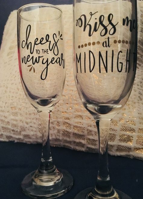 Couples Champagne Glasses | New Years | New Years Eve | Vinyl | Cricut | Cheers to the New Year | Kiss Me at Midnight New Years Champagne Glasses, New Year’s Eve Cricut Ideas, New Years Eve Cricut Ideas, New Years Cricut Ideas, New Years Wine Glasses, New Years Cricut Projects, Cricut New Years Projects, New Year Kiss, New Years Glasses