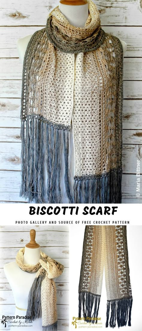 Biscotti Crochet Scarf with Free Pattern DESIGNED by Maria Bittne #crochet #freecrochetpattern #crochetscarf #crochetshawl Boho Knit Scarf Pattern, Phoenix Crochet, Crocheted Scarves, Crochet Scarf Easy, Lacy Scarf, Crochet Scarfs, Crochet Scarf Pattern Free, Crochet Gratis, Crochet Shawls And Wraps