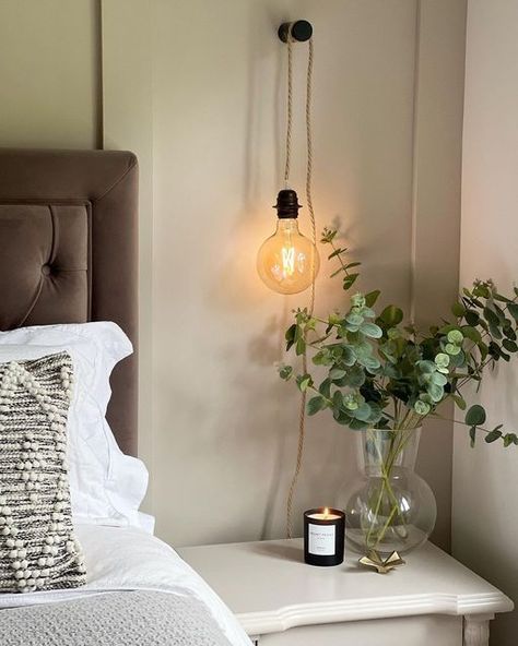 Bedroom Hanging Side Lights, Hanging Lamp In Bedroom, Hanging Lights In Bedroom Pendant Lamps, Bedroom Spotlights Ideas, Hanging Light Over Nightstand, Hanging Lights Bedside, Plug In Hanging Light Bedrooms, Dangling Lights In Bedroom, Bedside Table Light