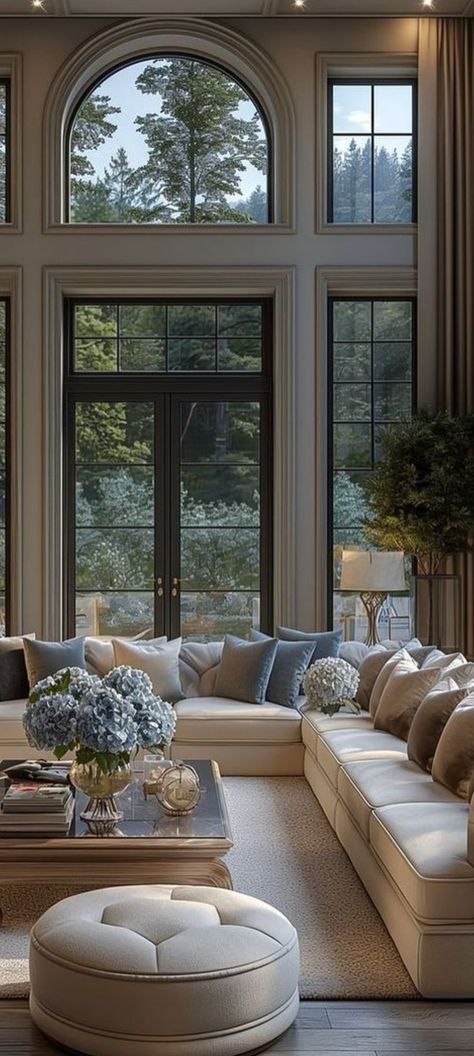 Comfy Home Design, Interior Design Big House, House Decorating Aesthetic, Archway In Living Room, Hamptons House Living Room, Sunny Living Room Aesthetic, Elegant Homes Interior Luxury, Sophia Paterson Interiors, Traditional Window Design