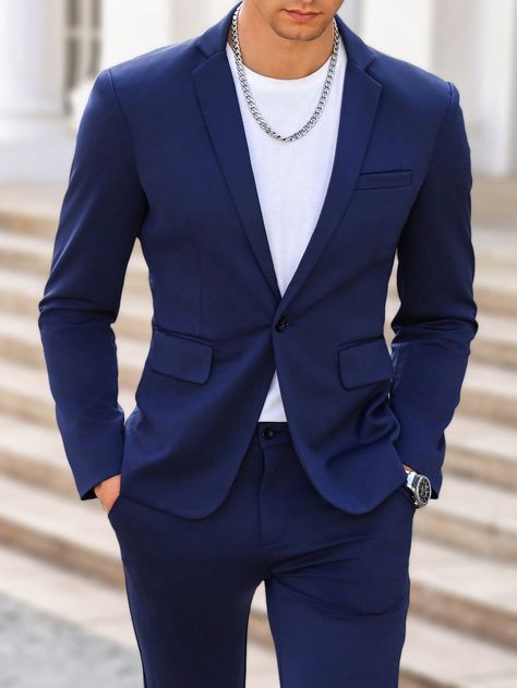 Azul Marinho Looks para o Trabalho Collar Manga Comprida Tecido Simples Regular Embellished Elasticidade Média Primavera / Outono Terno Slim, Man Blazer, Single Button Blazer, Suit Separates, Blazers For Men, Blazer Buttons, Mens Suits, Navy Blue, Street Wear