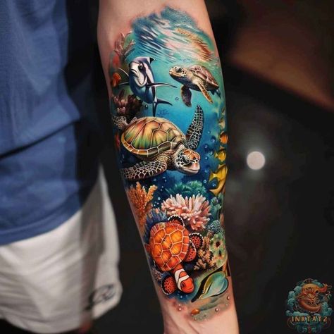 Turtle Forearm Tattoo, Ocean Tattoo Sleeve, Marine Life Tattoo, Sea Tattoo Sleeve, Tropical Tattoos, Ocean Theme Tattoos, Sea Life Tattoos, Ocean Sleeve Tattoos, Underwater Tattoo