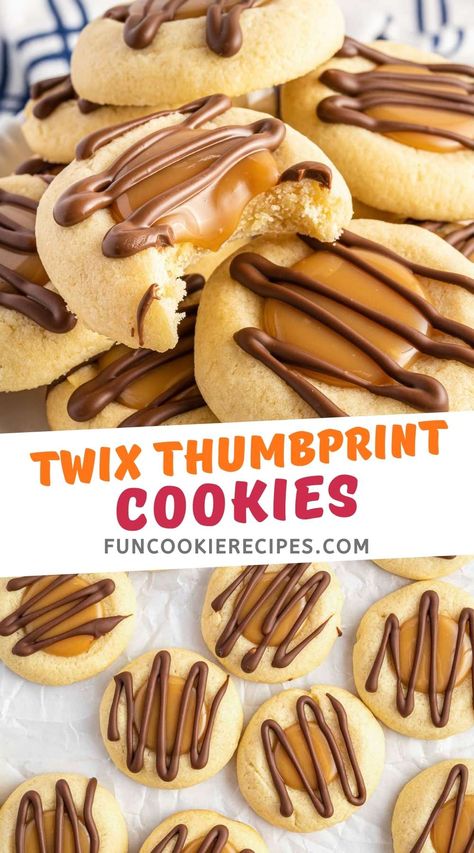 Tender, buttery shortbread cookies are packed with caramel and topped with chocolate to create the tastiest Twix Thumbprint Cookies. They are easy and delicious! Twix Cookies Cooking With Karli, Werthers Caramel Thumbprint Cookies, Caramel Chocolate Thumbprint Cookies, Thumbprint Cookies With Caramel, Caramel Topped Cookies, Thumbprint Caramel Cookies, Caramel Thumbprint Cookies Recipe, What To Make With Caramel Squares, Chocolate Thumbprint With Carmel