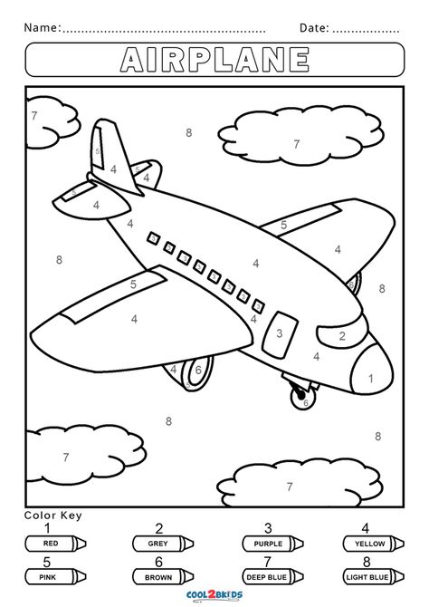 Free Color by Number Worksheets | Cool2bKids Color By Number Transportation, Coloring By Numbers Kindergarten, Kindergarten Coloring Pages Free Printables, Color By Number Worksheet, Airplane Worksheets For Kids, Painting Worksheets For Kids, Free Color By Number, Color By Number For Kids, Color By Letter Free Printables