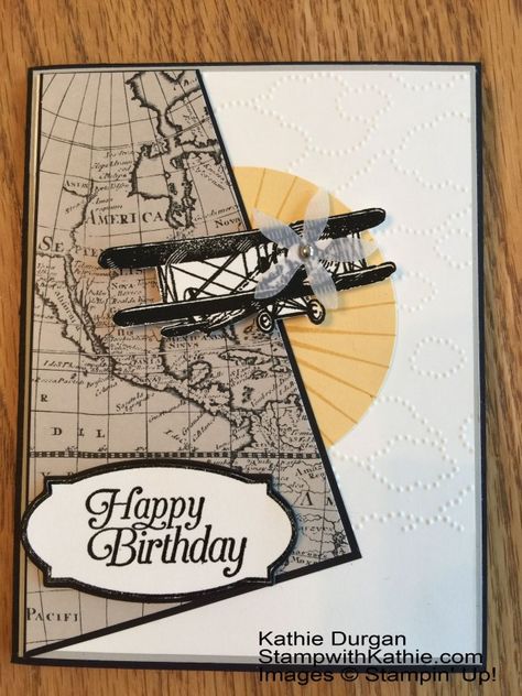 I love the addition of the propeller cut from vellum and the map in the background.  Stampin' Up! The Sky is the Limit                                                                                                                                                     More Masculine Birthday Cards, Boy Cards, Travel Cards, Birthday Cards For Men, Stamping Up Cards, Male Cards, Masculine Cards, Card Layout, Fathers Day Cards