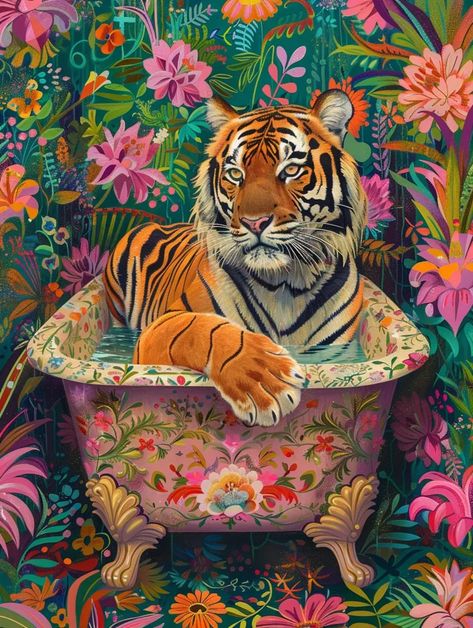 The image is a painting of a tiger sitting in a bathtub. The bathtub is decorated with colorful flowers and the tiger is surrounded by a lush garden ->> more details in ai-img-gen.com Tiger In Bathtub, Animal Bathroom Art, Painted Bathtub, Bathroom Frames, Tiger Sitting, Florida Animals, Curious Expression, Eclectic Art Prints, Tiger Painting