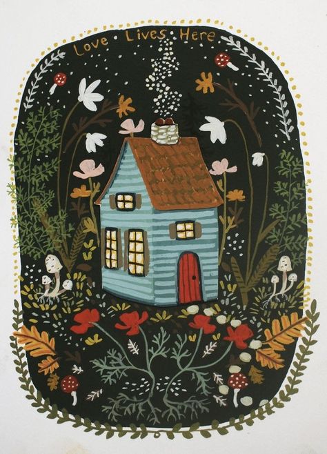 Cute House Illustration, Folksy Art, Folk Art House, Folk House, Love Lives Here, Folk Illustration, Love Artwork, Doll Antique, Arte Folk