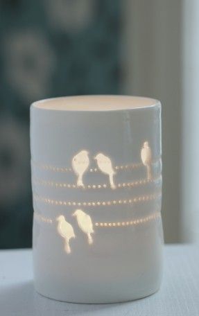 Birds on a Wire maxi tealight in thrown ivory white porcelain from Birds On A Wire, Ceramic Lantern, Sculptures Céramiques, Slab Pottery, Ceramic Light, Ceramic Candle Holders, Pottery Classes, Ceramics Projects, Ceramic Candle