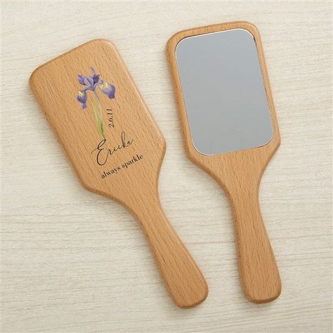 * Printed with name, date, birth flower and 1 line of text  * Constructed of beechwood * Measures 8.25H x 3W * Imported The Birth Month Personalized Wood Beauty Accessories make a practical and fun gift. Constructed of strong beechwood, the brush and mirror are not only beautiful, but will hold up over time. *Note hairbrush and hand mirror are sold separately Diy Hand Mirror, Cute Hand Mirror, Decorated Hand Mirrors, Personalized Hand Mirror, Cute Handheld Mirror, Wooden Hand Mirror, Hand Mirrors, Painted Crafts, Personalization Mall