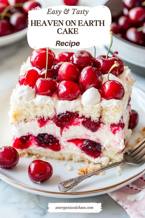 Heaven And Earth Cake, Cherry Trifle Angel Food Cake, Heaven On Earth Dessert, Angel Cake Recipes, Heavenly White Cake, Angel Food Cake And Cherry Pie Filling, Cake With Pudding Layer, Flavored Angel Food Cake Recipes, Cherry Angel Food Cake Dessert