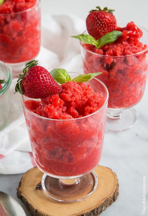 Strawberry Basil Granita | the little epicurean Strawberry Granita, Basil Simple Syrup, Strawberry Basil, Lemon Sorbet, Berry Dessert, Strawberry Lemon, Glutenfree Dairyfree, Summer Berries, Frozen Treat