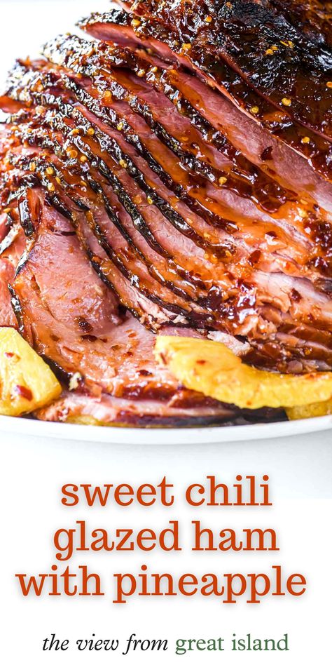 My sweet chili pineapple glazed ham is so easy with a spiral cut ham ~ don't be surprised if the family demands this it for every occasion! Peach Ham Glaze Recipe, Peach Glazed Ham, Best Spiral Ham Recipe, Pineapple Glaze For Ham, Pork Dinners, Ham Recipes Baked, Pineapple Ham, Pineapple Glaze, Ham Glaze Recipe