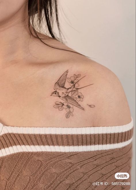 Shoulder Tattoo Birds And Flowers, Swallow Matching Tattoo, Swallows And Flowers Tattoo, Swallow Bird Tattoo With Flowers, Swallow Chest Tattoo Female, Swallow Tattoo With Flowers, Sparrow Tattoo With Flowers, Back Tattoo Women Bird, Sparrow Tattoo Women