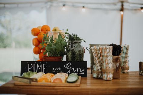 Pimp Your Gin | Homemade, Homegrown Village Marquee Wedding with Greenery | Rustic DIY Decor | Claire Fleck Photography | Second Shooter Oscar Davies Photography Gin Station Ideas, Gin Bar Wedding, Diy Gin Bar, Wedding With Greenery, Diy Wedding Bar, Asos Bridesmaid Dress, Hanging Centerpiece, Rustic Diy Decor, Reception Drink