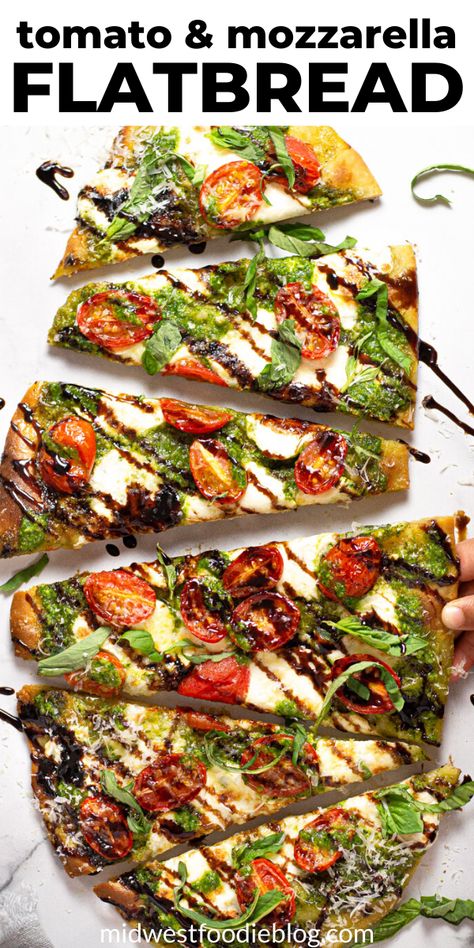 Perfect for a quick vegetarian dinner or an easy party appetizer, this Caprese flatbread takes just minutes to throw together and includes a crispy, flatbread crust, homemade spinach pesto, lots of fresh mozzarella cheese, ripe grape tomatoes and a tangy balsamic glaze along with fresh basil! Flatbread Pizza Dough Recipe, Caprese Flatbread, Flatbread Pizza Dough, Flatbread Appetizers, Easy Flatbread Recipes, Quick Vegetarian Dinner, Flatbread Pizza Recipes, Easy Flatbread, Pizza Crusts