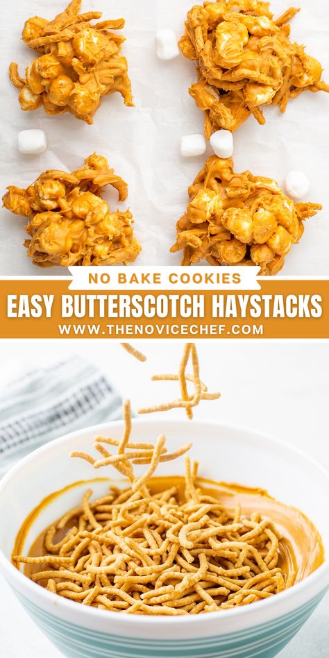 Easy Butterscotch Haystacks are a fun no-bake cookie recipe, made with crispy chow mein noodles, marshmallows, melted butterscotch candies, and peanut butter. Quick and festive! Marshmallow Haystacks Recipe, Candy Haystacks Chow Mein, Carmel Haystack, Butterscotch Haystacks No Peanut Butter, Butterscotch Haystacks With Marshmallows, Chow Mein Butterscotch Haystack Cookies, Haystack Cookies With Marshmallows, Caramel Haystacks Recipe, Butterscotch Noodles Chow Mein