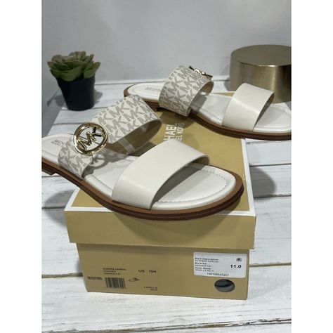 Signature Style Shines In Gold-Tone Flash On The Understated Double Band Design Of The Summer Sandals From Michael Michael Kors. 1/2" Heel Round-Toe Slip-On Sandals Leather Or Leather/Manmade Uppers; Manmade Lining; Rubber Sole Imported Shipping From Monday To Thursday (Exclude Federal Holiday) 100% Original Items, Brand New With Tags Important Note: The Return Cost Is Borne By The Buyer In Cases Related To A Fitting Issue. Tan Wedge Sandals, Tassel Sandals, Gold Slides, Michael Kors Wedges, Michael Kors Sandals, Michael Kors Heels, Michael Kors Fashion, Cork Sandals, Womens Sandals Summer