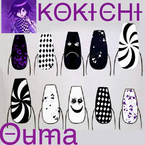 Danganronpa Inspired Nails, Danganronpa Nails Ideas, Danganronpa Nails, Dark Acrylic Nails, Anime Nail, Disney Acrylic Nails, Fancy Nail Art, Kokichi Ouma, Anime Nails