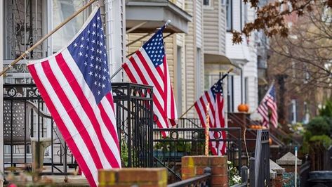 American Flag On Porch, Flags On Houses, American Flag On House, Flag On Porch, Flag On House, Hanging Flags, Flag Hanging, Us Flags, Flag Display