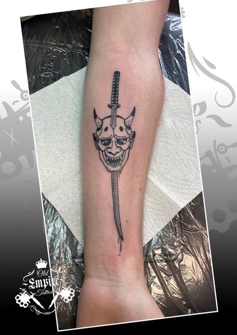 Epic katana and oni mask tattoo on our clients forearm 👺🗡 #katana #katanatattoo #katanasword #onimask #onimasktattoo #forearmtattoo #forearmtattoo #smalltattoos #oldempiretattoostudio #blackandgreytattooartist #blackandgreyallday #blackandgreyartist #manchester #tattoodesign #tattooideas Oni Mask Tattoo, Oni Tattoo, Empire Tattoo, Clever Tattoos, Oni Mask, Mask Tattoo, Forearm Tattoo, Tattoos With Meaning, Tattoo On