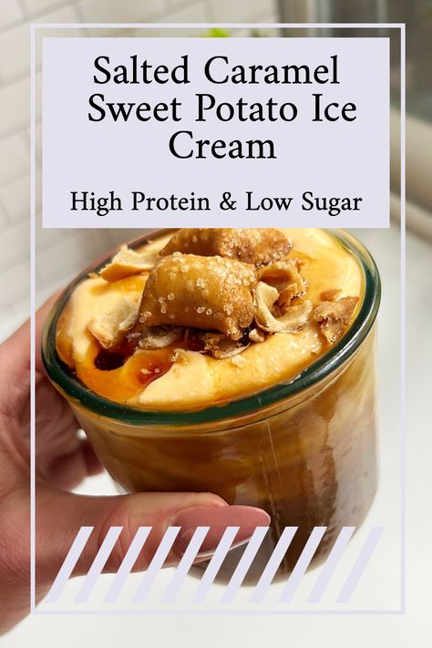 Easy blender cottage cheese ice cream with a fantastic salted caramel sweet potato flavor. This recipe is perfect or dessert or snack! Blender Cottage Cheese, Potato Cottage Cheese, Sweet Potato Ice Cream, Potato Ice Cream, Cottage Cheese Ice Cream, Protein Ice Cream Recipe, Cheese Ice Cream, Steamed Sweet Potato, High Protein Desserts