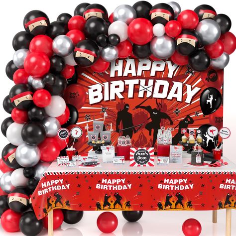 PRICES MAY VARY. 125Pcs Ninja Birthday Party Decorations - You'll get 110Pcs latex balloons (5"+10"+12''), 10 ninja print balloons, 1 ninja birthday backdrop, 1 ninja theme tablecloth, 100 dots, 1 roll ribbon (10m), 1 balloon arch strip (5m). Transform your home into a ninja training ground with our exciting range of ninja birthday party decorations! From colorful balloons to backdrop, we have everything you need to make your little warrior's special day unforgettable. Multi-Function - A ninja birthday party might not seem like your first choice of party themes, but it is perfect for little kids especially little boys that love ninjutsu or martial arts of any kind. It is very suitable as ninja birthday party decorations, ninja party decorations, ninja party supplies, karate party decoratio Red And Black Balloon Arch, Karate Party Decorations, Black Balloon Arch, Ninja Party Decorations, Ninja Birthday Party Ideas, Ninja Themed Birthday Party, Wwe Birthday Party, Ninja Birthday Party, Karate Party