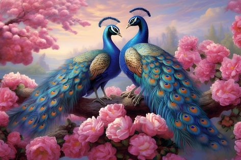 A painting of two peacocks with pink flo... | Premium Photo #Freepik #photo #pair #peacocks #peacock-vector #bird-illustration Buddha Pics, Peacock Vector, Pink Flower Top, Peacock Images, Peacock Photos, In Icon, Peacock Art, Bird Illustration, Flower Tops