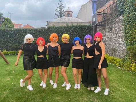 Different Colored Wigs Party, 30th Birthday Wig Party, Bachelorette Color Theme Outfits With Wigs, Color Theme Bachelorette Party Wigs, Wig Birthday Party Theme, Neon Wig Bachelorette Party, Wig Night Bachelorette Outfit, Colorful Wigs Bachelorette Party, Color Themed Party Outfit