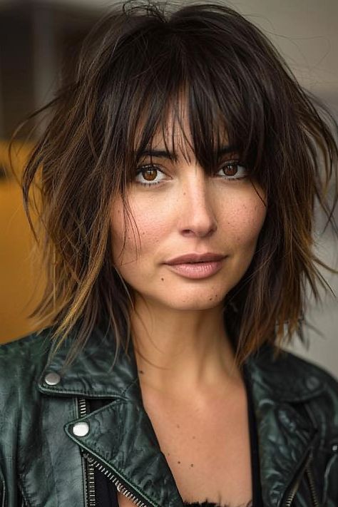 Best Haircuts and Hairstyles with Bangs in 2024 Jagged Bangs Short Hair, Fringe Short Hair, Shaggy Bangs Straight Hair, Shaggy Lob Haircut, Shag Cut With Bangs Straight Hair, Choppy Straight Across Bangs, Razor Bangs, Shaggy Long Bob, Choppy Lob Haircut