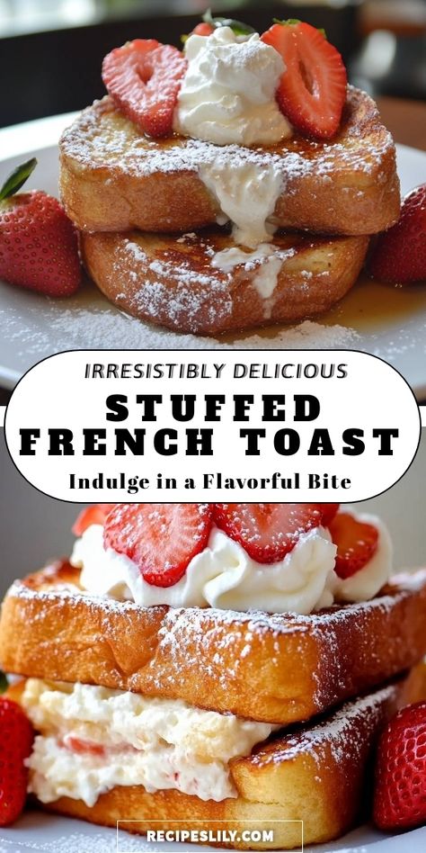 I've whipped up this mouthwatering Stuffed French Toast that’s perfect for a cozy breakfast or brunch. Imagine sinking your fork into fluffy bread filled with creamy goodness, topped with fresh strawberries and a dollop of whipped cream. It’s truly a flavor adventure you don’t want to miss out on! Perfect for making weekend mornings special. Give it a try, and indulge in every bite! Strawberry Stuffed French Toast Casserole, French Toast Flavors, Raspberry Stuffed French Toast, French Toast With Heavy Cream, French Toast With Texas Toast, Baked Stuffed French Toast, Overnight Stuffed French Toast, Stuffed French Toast Casserole, Thick French Toast