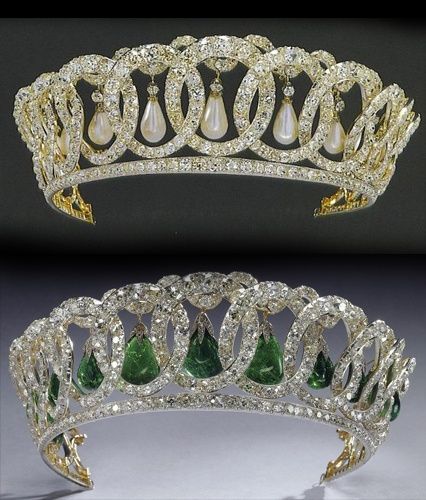 A double image of the Vlad tiara with both pearls and emeralds, and the new Queen Elizabeth started to wear her grandmother's tiara when she went to see the Royal Film Performance of 'Beau Brummel' in 1954. Vladimir Tiara, British Crown Jewels, Royal Crown Jewels, The British Royal Family, Royal Crowns, Royal Tiaras, Beautiful Tiaras, Family Jewels, Circle Diamond