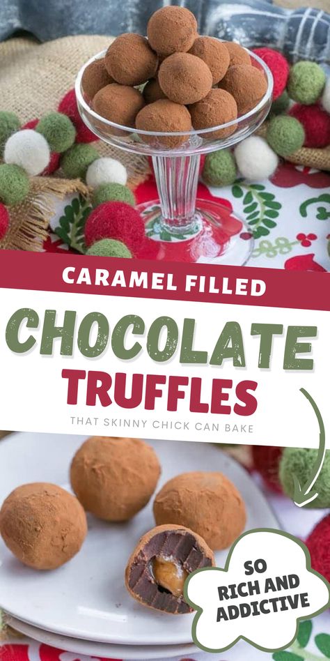 These Caramel Filled Chocolate Truffles have a sweet surprise in the center: soft vanilla caramel! An unforgettable holiday treat! These are absolutely delicious! Chocolate Caramel Truffles, Caramel Filled Chocolates, Rum Truffles, Caramel Truffles, Truffle Recipes, Truffle Cookies, Truffle Shuffle, Caramel Truffle, Vanilla Caramel