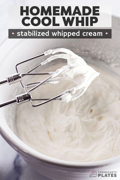 Easy homemade cool whip (stabilized whipped cream) is a simple way to add a touch of elegance to all your favorite desserts and hot drinks! This pure white, light, and airy cream holds its shape like a traditional tub of cool whip but has the simple ingredients of a classic whipped cream. Use it on everything from fresh fruit and pancakes to piping over cakes, pies, and milkshakes! | www.persnicketyplates.com How To Make Cool Whip, Home Made Cool Whip, Healthy Cool Whip, Diy Cool Whip, Whip Cream Recipe, Homemade Cool Whip, Persnickety Plates, Pretzel Dessert, Strawberry Pretzel Dessert