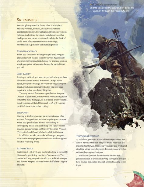 [Sub-Class] Roguish Archetype - Skirmisher (revised sniper class; thanks for the feedback, hope you enjoy and use) - Imgur Roguish Archetype, Rogue Archetypes, 5e Classes, Homebrew Classes, Ranger Dnd, Character Classes, Dungeons And Dragons Board, Dungeons And Dragons Rules, Dnd Homebrew