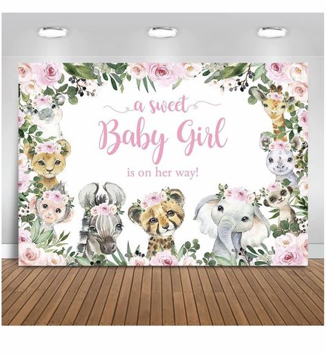 Safari Baby Shower Backdrop, Safari Shower Ideas, Baby Girl Background, Safari Baby Shower Girl, Jungle Backdrop, Its A Girl Banner, Party Cake Table, Baby Jungle, Baby Shower Safari Theme