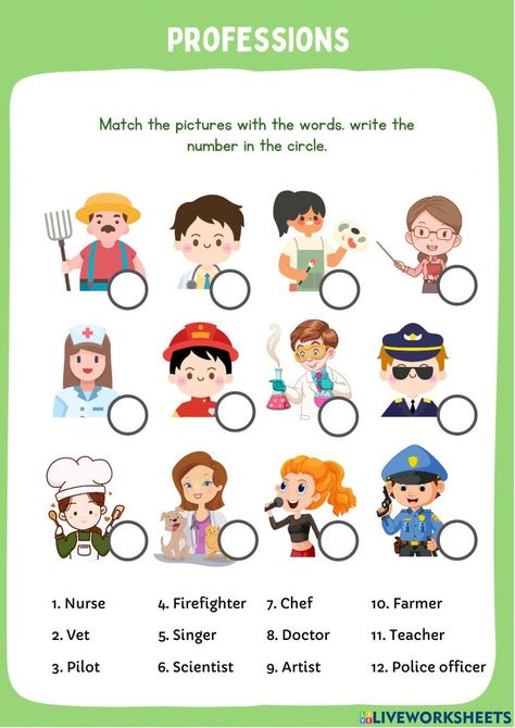 Professions Professions Activities For Kids, Jobs Worksheets For Kids, Jobs Activities For Kids, Middle Sounds Worksheet, Antonyms Activities, Transportation Worksheet, Test For Kids, Teach English To Kids, Esl Games