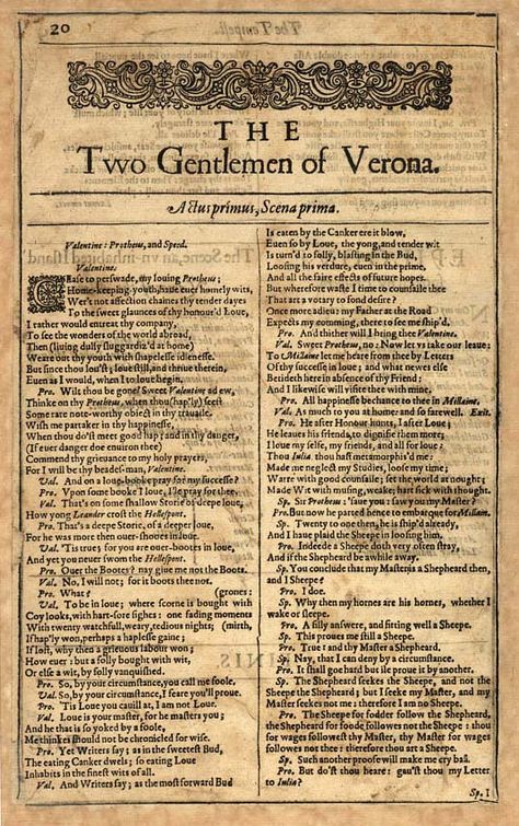 The first edition of "The Two Gentlemen of Verona" circa 1623 by William Shakespeare Shakespeare Aesthetic, Shakespeare Art, Two Gentlemen Of Verona, Shakespeare Words, Play Poster, English Projects, Drama Class, Clipart Vintage, Shakespeare Plays