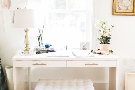 Easy Ikea Desk Hack | photo by Ruth Eileen Photography | lark & linen #diy #ikeahack #diydesk #ikeadesk Ikea Desk Hack Home Offices, Ikea Micke Desk, Ikea Office Desk, Ikea Linnmon, Ikea Micke, Micke Desk, Desk Redo, Gold Office Decor, Ikea Desk Hack