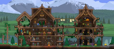 Mountain Settlement Terraria Design, Terraria Tips, Terrarium Base, Terraria House Ideas, Terraria House Design, Terraria House, Terraria Builds, Building Games, Terraria