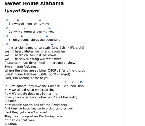 Chords - Sweet Home Alabama Sweet Home Alabama Movie Quotes, Sweet Home Alabama Ukulele Chords, Sweet Home Alabama Movie Poster, Me And Your Mama Guitar Chords, Lava Uke Chords, Guitar Guy, Guitar Cord, Blues Guitar Lessons, Guitar Chords For Songs