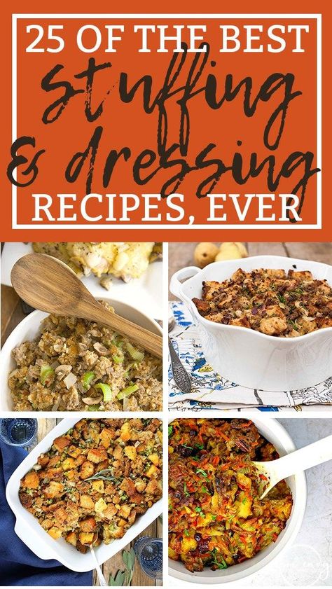 The 25 best stuffing recipes and dressing recipes for Thanksgiving. #thanksgiving #thanksgivingrecipes #stuffing #stuffingrecipes Thanksgiving Dressing Recipes, Paleo Thanksgiving Stuffing, Best Thanksgiving Stuffing, Stuffing Ideas, Stove Top Stuffing Recipes, Best Stuffing Recipe, Vegetarian Stuffing, Dressing Recipes Thanksgiving, Thanksgiving Spread