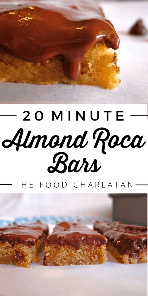 Almond Roca Bars from The Food Charlatan. These Almond Roca Bars are famous in our family! They are the easiest dessert to whip up and can be done in 20 minutes flat. Buttery brown sugar shortbread flavored with almond extract, topped with chocolate chips that melt into a gorgeous layer! Brown Sugar Shortbread, Easy Dinner Desserts, Almond Roca, Brownies Recipes, Easiest Dessert, Dessert To Make, The Food Charlatan, Dinner Desserts, Brown Recipe