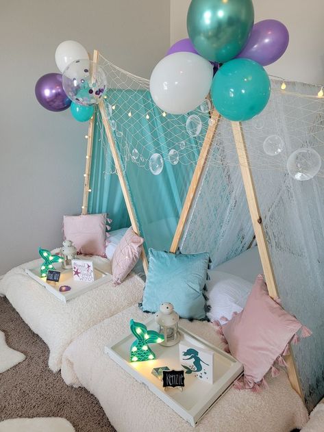 Mermaid Teepee Sleepover, Mermaid Teepee Party, Mermaid Sleepover Party, Beach Sleepover, Luxury Sleepover, Girls Play Tent, Dolphin Birthday Parties, Dolphin Birthday, Teepee Sleepover