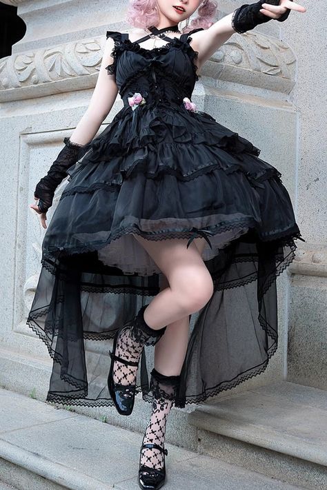 Fabric: Polyester Style types: Gothic Lolita Season: Spring, Summer, Autumn, Winter Include: Dress*1 + Tail*1 Size (IN) Bust Waist Length S 33.07 26.77 35.43 M 34.65 28.35 35.43 L 36.22 29.92 36.61 XL 37.80 31.50 36.61 Size (CM) Bust Waist Length S 84 68 90 M 88 72 90 L 92 76 93 XL 96 80 93 Gothic Pose Reference, Goth Lolitas, Alt Dress, Dark Outfit, Gothic Harajuku, Gothic Dresses, Punk Style Outfits, Style Types, Lehenga Designs Simple