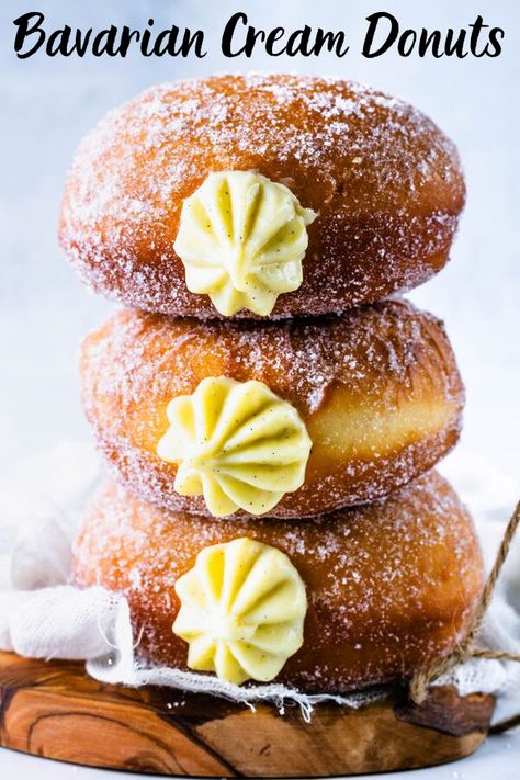 Bavarian Cream Donuts #donuts #bavarian #custard #vanilla #doughnuts #oktoberfest #german #desserts #dessert #filleddonuts #donut #dessert #breakfast #bavariancream #vanillabean Cream Filled Donuts, Donut Filling, Pastry Cream Filling, Pembuat Roti, Homemade Donuts Recipe, Homemade Doughnuts, Oktoberfest Food, Bavarian Cream, Filled Donuts