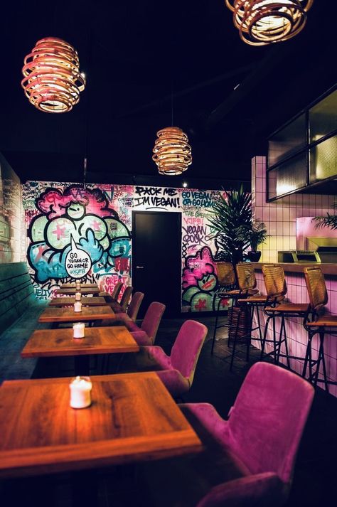 Cool Bar Interior Design, Vegan Junk Food Bar, Bar Interior Design Pub, Lounge Bar Interior, Funky Bar, Bar Lounge Design, Bar Van, Vegan Junk Food, Nightclub Design