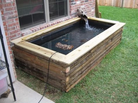 Above Ground Turtle Pond - Reptile Forums Above Ground Pond, Raised Pond, Kolam Koi, Railroad Ties, Landscape Timbers, Building A Pond, Goldfish Pond, Turtle Pond, Diy Pond