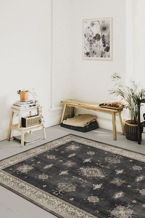 Wondering what color rug goes with grey floors? The truth is - lots of them. Grey floors are neutral and look good with most colors and materials. Dep... | Contrast Them with a Darker Color Wood Rug, Grey Hardwood, Grey Floor, Grey Wood Floors, Ruggable Rug, Up House, Grey Flooring, Rug Stain, Classic Rugs