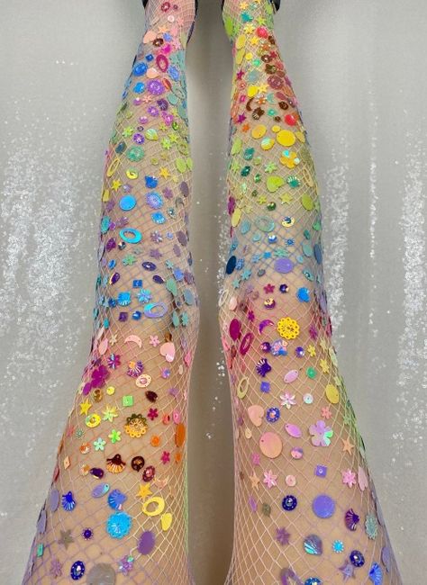 Embellished Fishnet Tights Logan Whitney Designs... | Carnaval Ideas, Costume Box, Fishnet Outfit, Funky Tights, Rainbow Clothes, Clown Halloween Costumes, Fishnet Crop Tops, Box Costumes, Fishnet Leggings